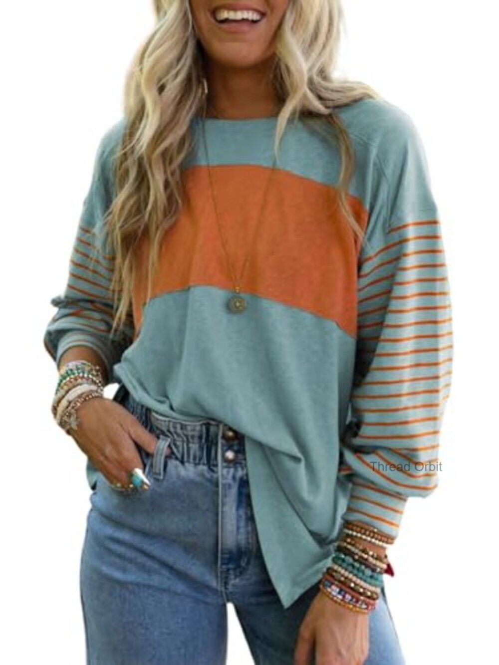 Long Sleeve Color Block Tunic Blouse Round Neck Casual Business Top